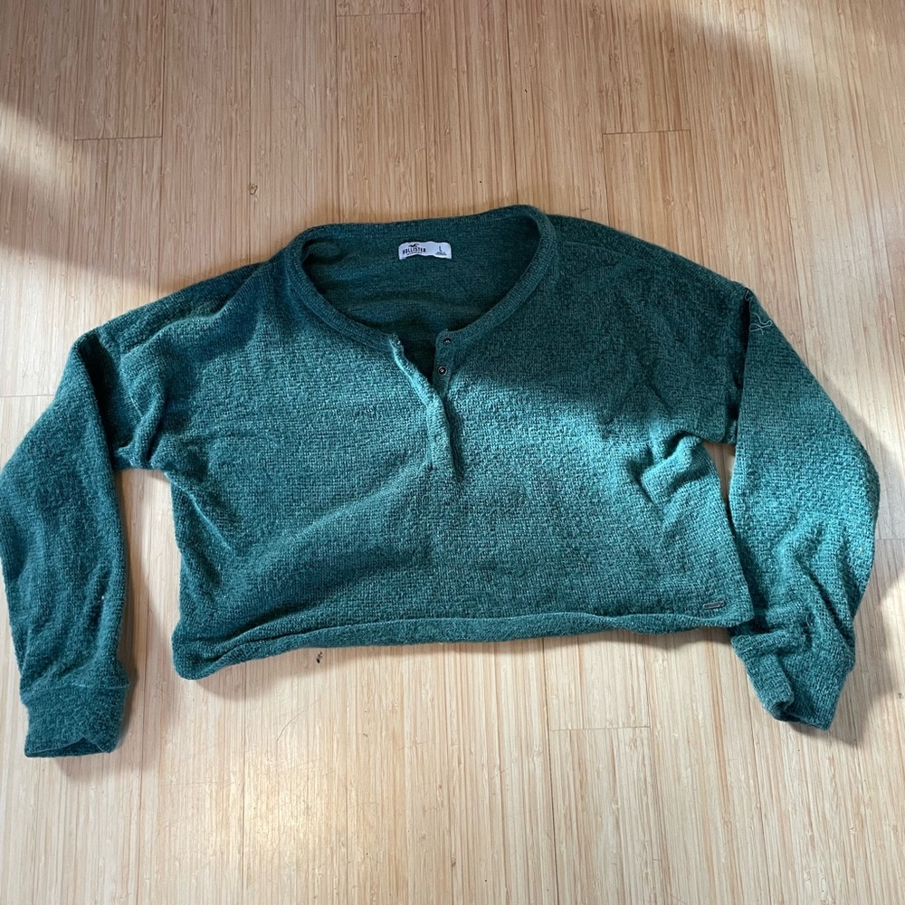 Hollister Green Fuzzy Snap-Button Henley Sweater~L